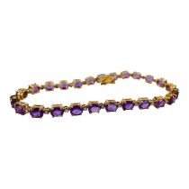 A 9ct yellow gold line bracelet - set oval amethyst and diamonds, the amethysts total weight 8.06ct,