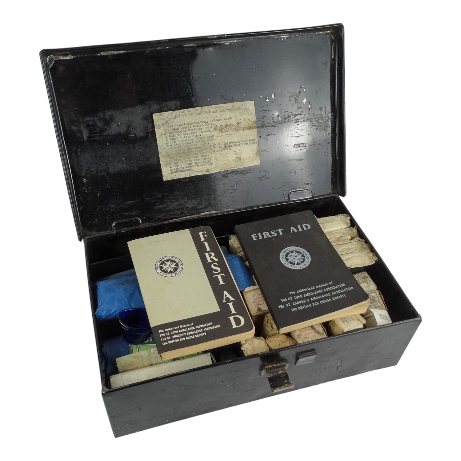A St John Ambulance First Aid box - the black steel trunk with contents, including splints and - Image 2 of 6