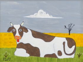 Steve CAMPS (Cornish contemporary b.1957) Skewbald Cow Relaxing Acrylic on board Signed lower
