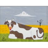 Steve CAMPS (Cornish contemporary b.1957) Skewbald Cow Relaxing Acrylic on board Signed lower