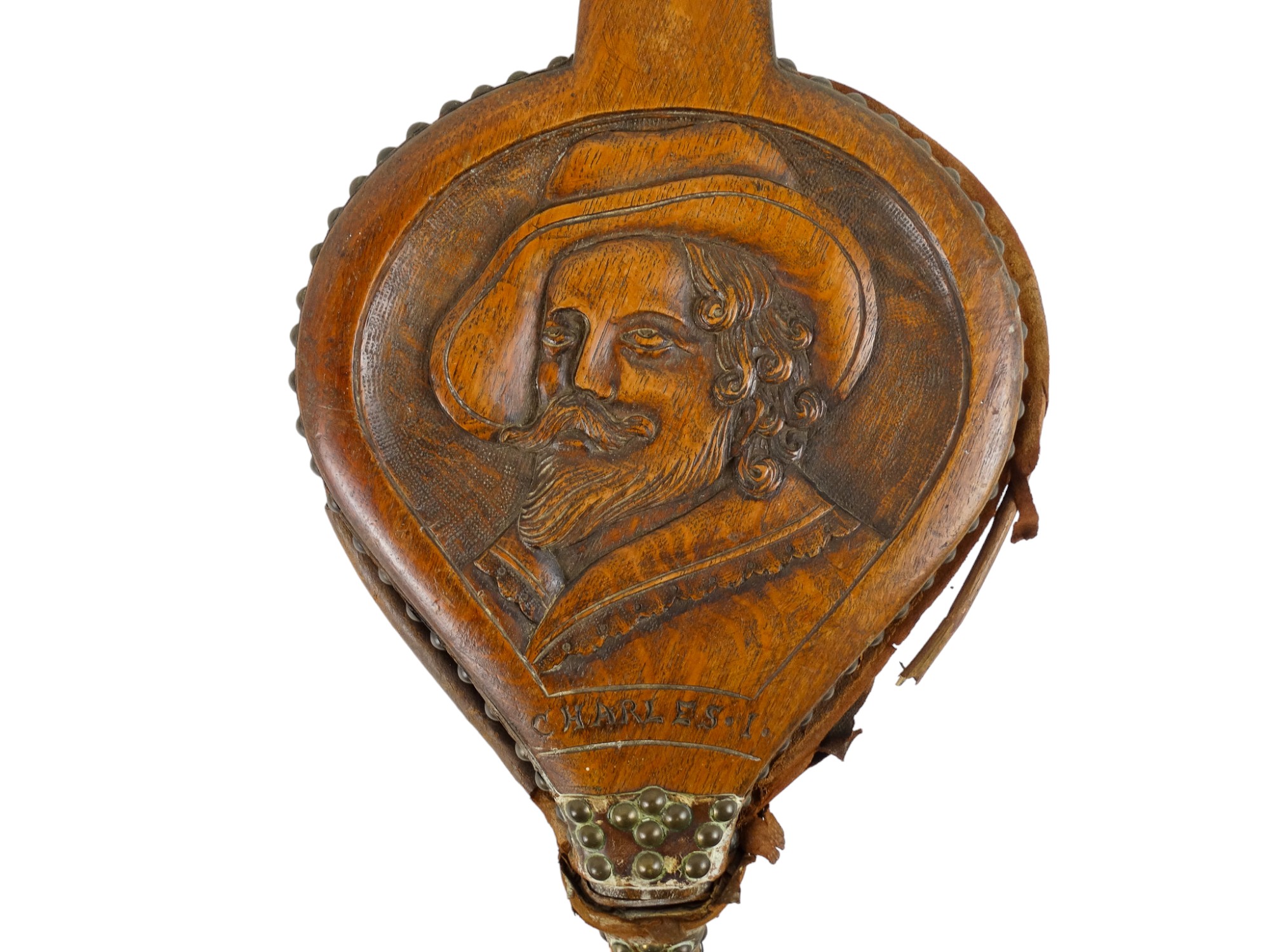 A pair of early 20th century wooden bellows - carved with a profile portrait of Charles I and with a - Image 2 of 5