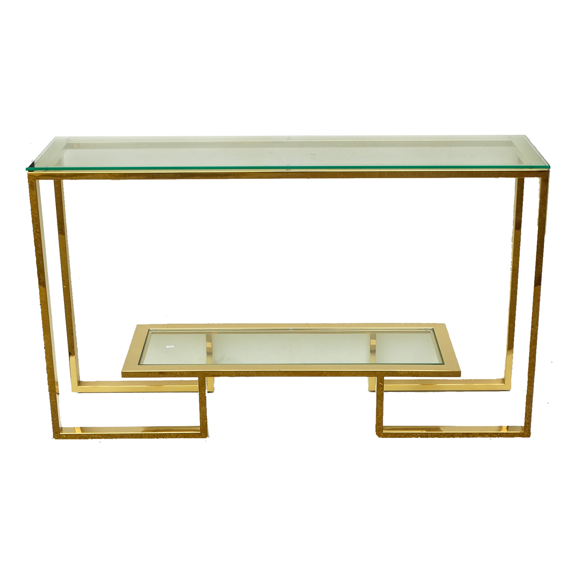 A contemporary glass and brass side table - with a narrow rectangular top above an untertier, 130