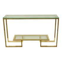 A contemporary glass and brass side table - with a narrow rectangular top above an untertier, 130