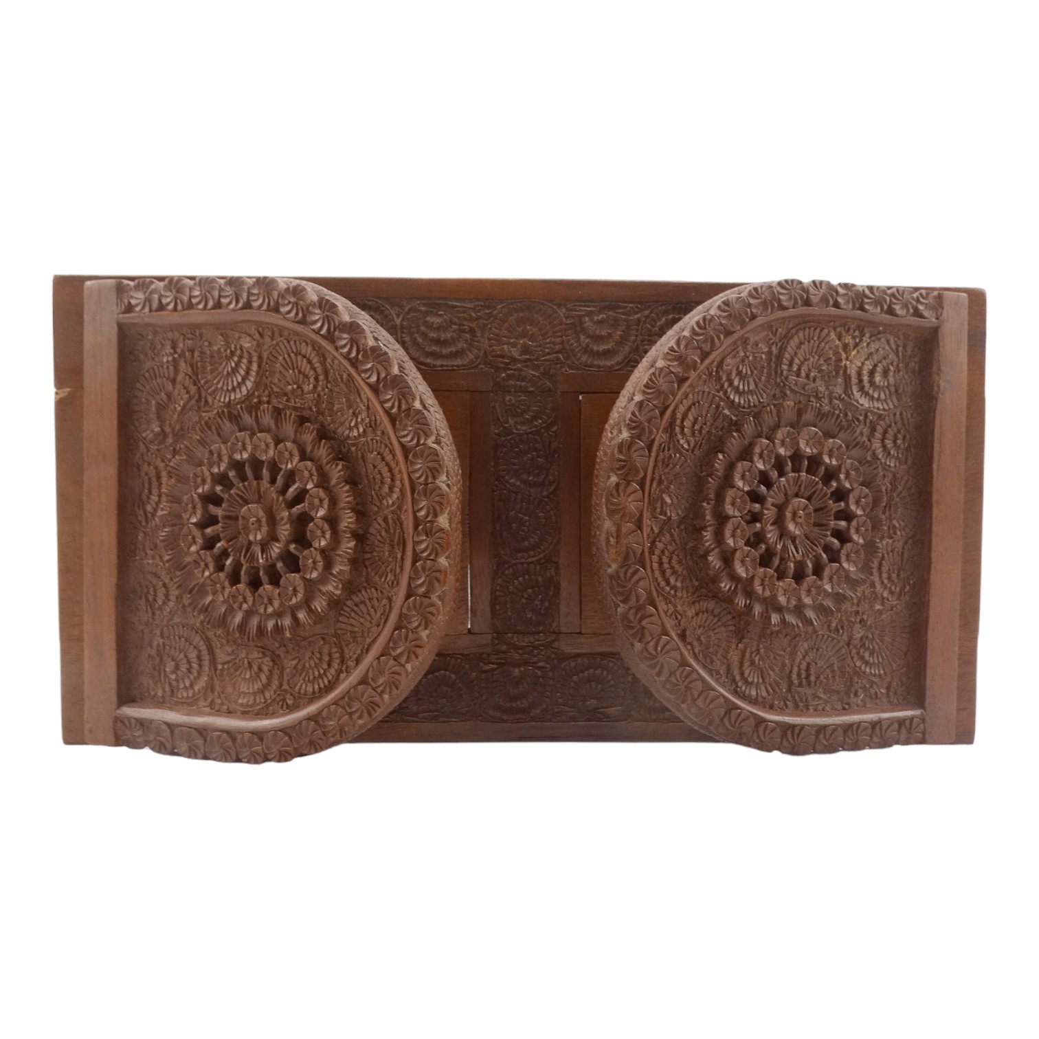 An Anglo Indian sandalwood book trough/slide - the hinged D-shaped ends elaborately carved with