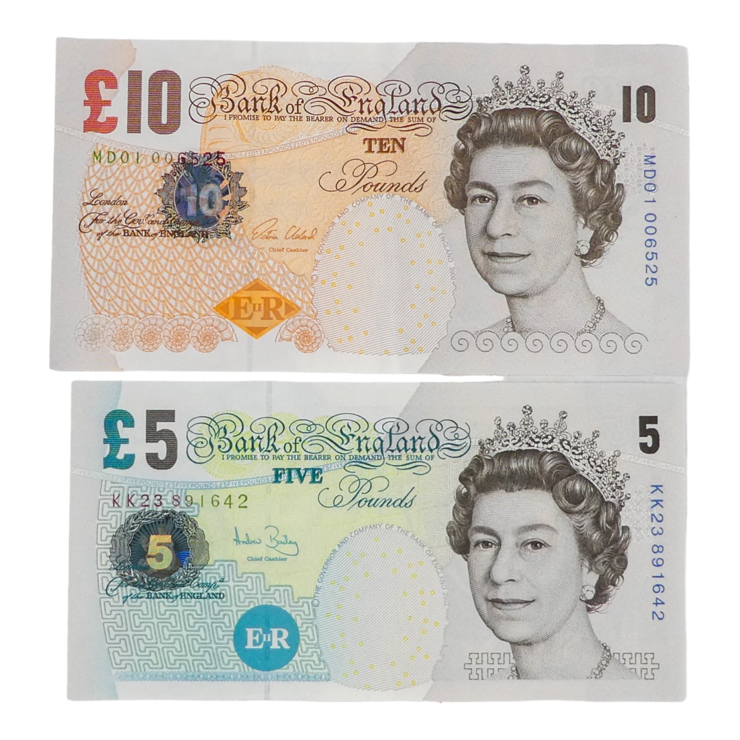A consecutive run of six ten pound notes - together with a run of four five pound notes. (9) - Image 2 of 2