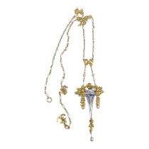 A 19th century 18ct gold diamond, sapphire and seed pearl pendant - modelled as a cornucopia on a