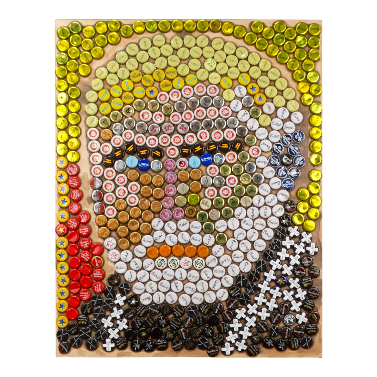 Bill GOODH (British b. 1949) Ernest Hemingway in Rum Havana Bottle caps on board Signed and titled