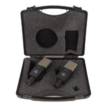 A pair of AKG C414 condenser microphones - in a hard plastic case.