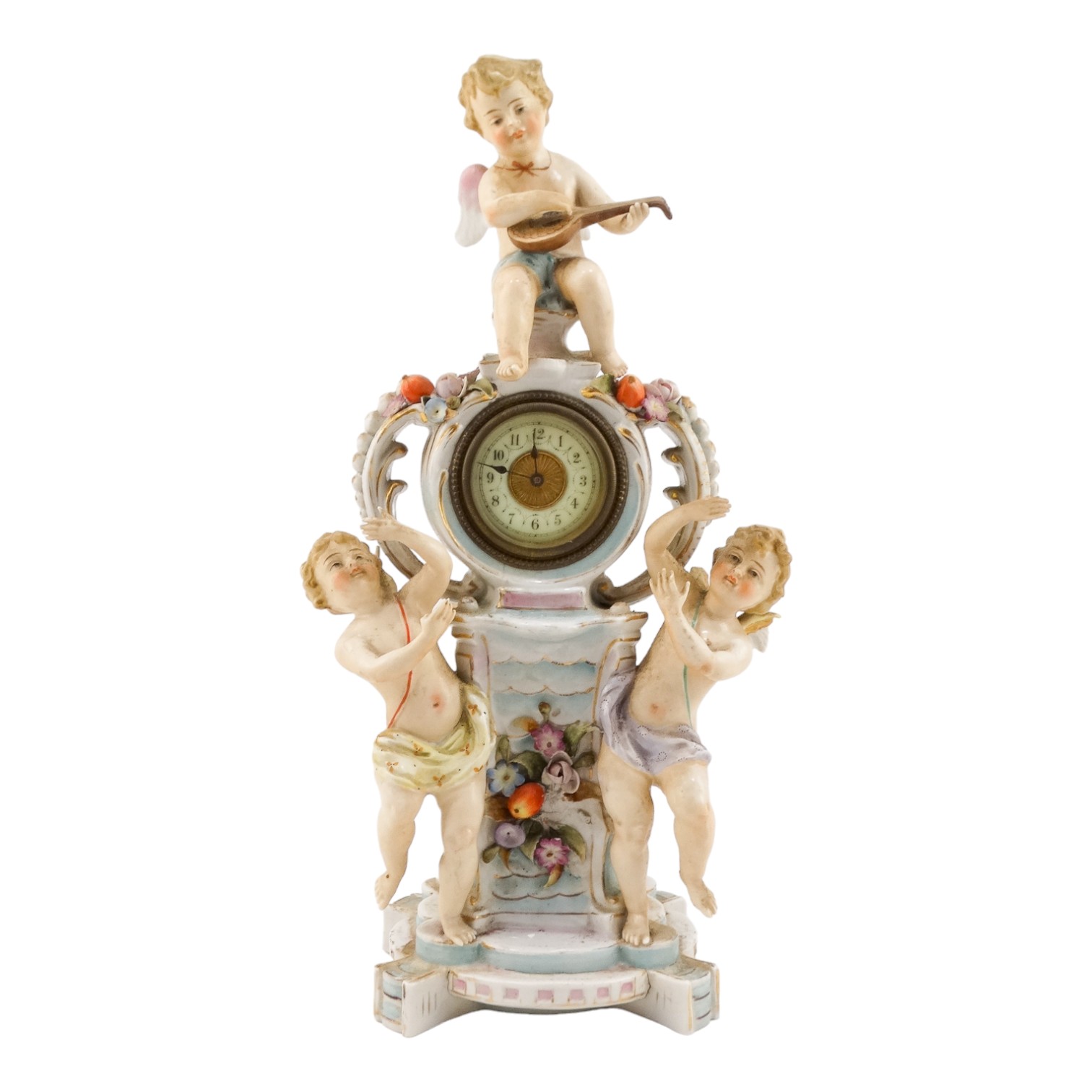 An early 20th century German porcelain mantel clock - modelled with three cherubs about a central