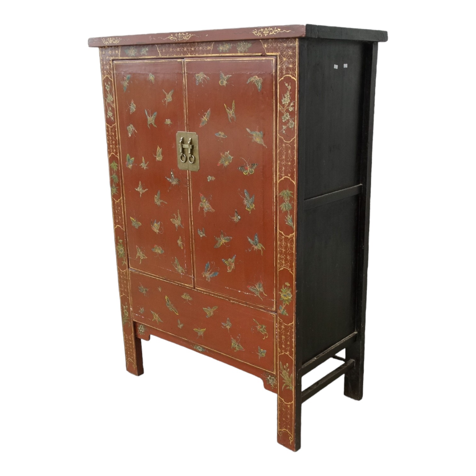 A 19th century Chinese lacquered cabinet - decorated with butterflies and cherry blossom, the pair - Image 2 of 7