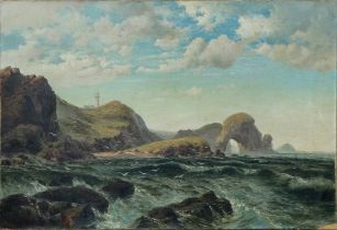 Alfred LONG (British 19th/20th Century) Breezy Day with Rock Arch and Lighthouse Oil on canvas