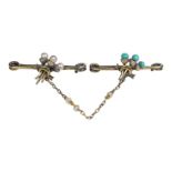 A pair of bar brooches - with foliate settings, one with seed pearls, the other with turquoise,