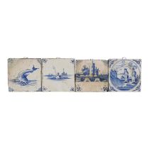 An 18th century Delft tile - showing oriental figures in a garden, 13 x 13cm, together with three