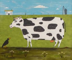 Steve CAMPS (Cornish Contemporary b. 1957) Piebald Cow With Chough And Engine House Acrylic on board