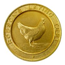 A 9ct gold chicken breeders medal - 'Robinson's Laying Test - ADV Heavy Breads 1st Prize', cased,