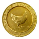 A 9ct gold chicken breeders medal - 'Robinson's Laying Test - ADV Heavy Breads 1st Prize', cased,