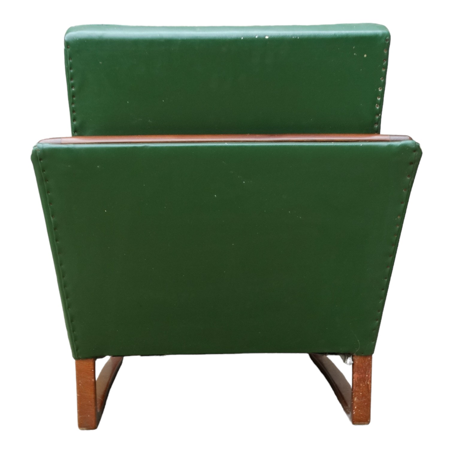 A pair of vintage easy chairs - circa 1960's, green rexine button upholstered with teak show-wood - Image 5 of 5