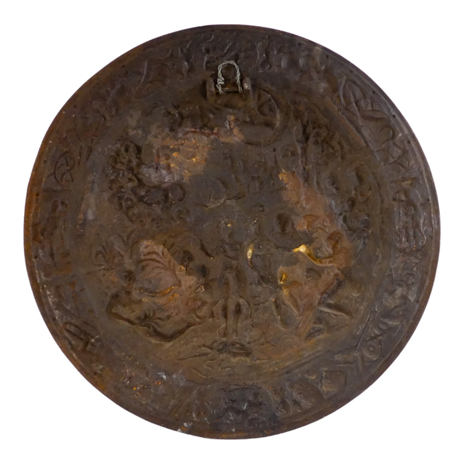 A 19th century cast iron wall plaque - decorated in bass relief with a classical scene, 57cm diam - Image 2 of 2