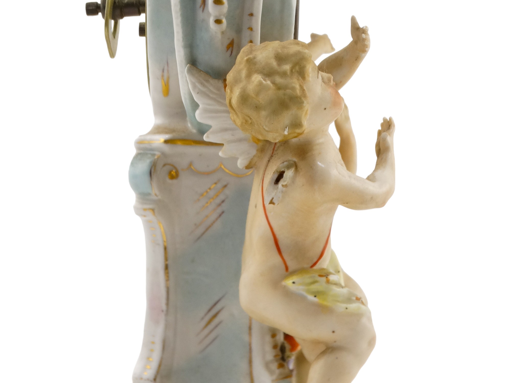 An early 20th century German porcelain mantel clock - modelled with three cherubs about a central - Image 12 of 16