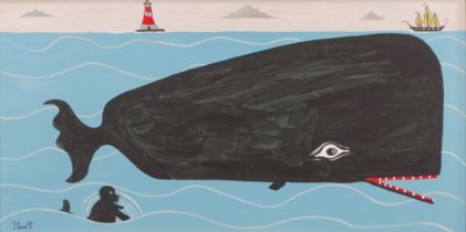 Steve CAMPS (Cornish contemporary b.1957) Whale With A Friendly Seal Acrylic on board Signed lower