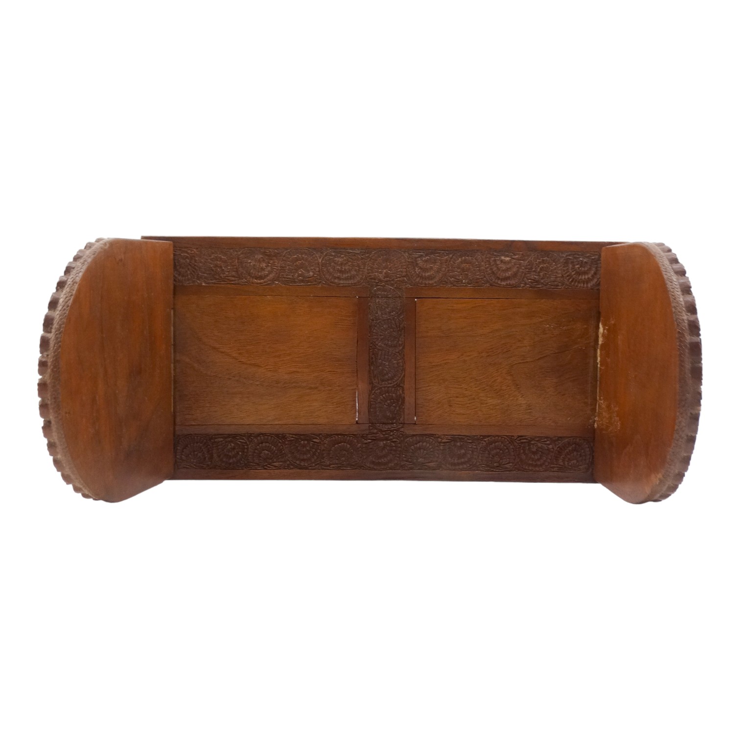 An Anglo Indian sandalwood book trough/slide - the hinged D-shaped ends elaborately carved with - Image 2 of 6