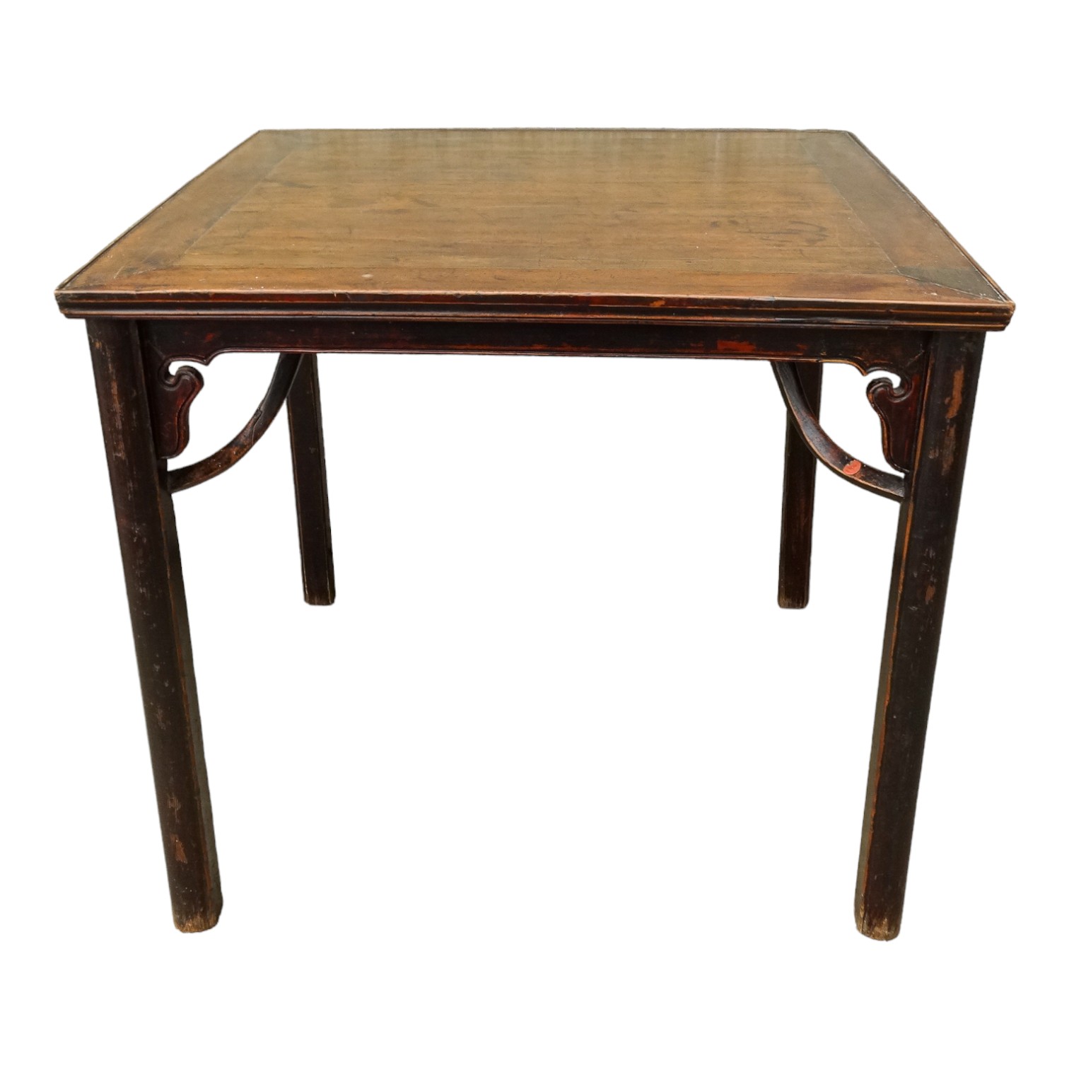 A Chinese oriental hardwood square table - the cleated panel top above a shaped corner bracket, on