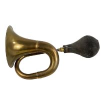 A large brass motoring horn - with rubber bulb, length 34cm.