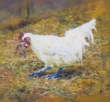 In the manner of Joseph CRAWHALL Plymouth Rock Hen with Worm Bodycolour on paper Framed and glazed