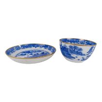 A 19th century blue and white transfer decorated bowl - showing oriental scenes, diameter 14cm,