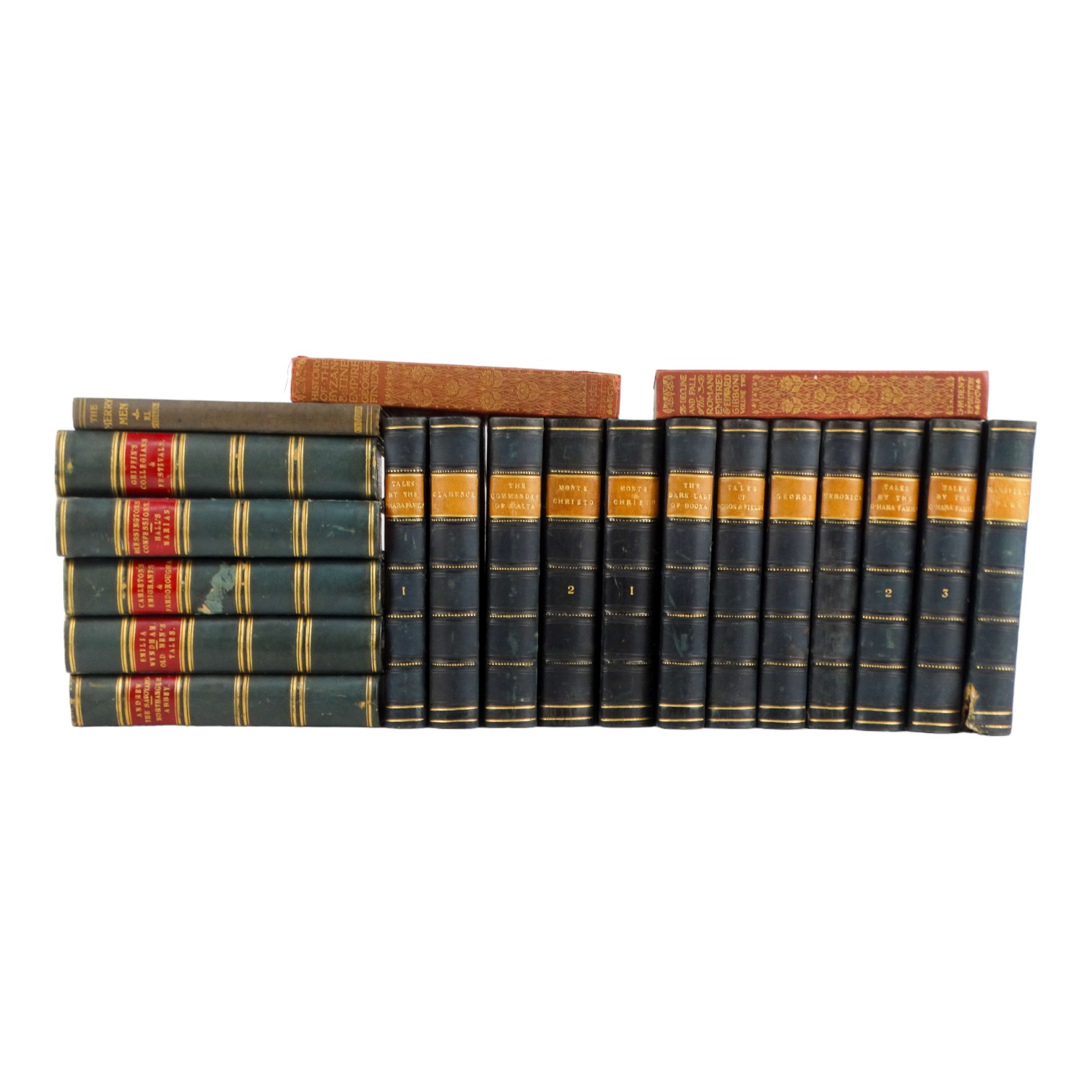 19th century novels in seventeen volumes - half bound in blue leather with gilt tooling and