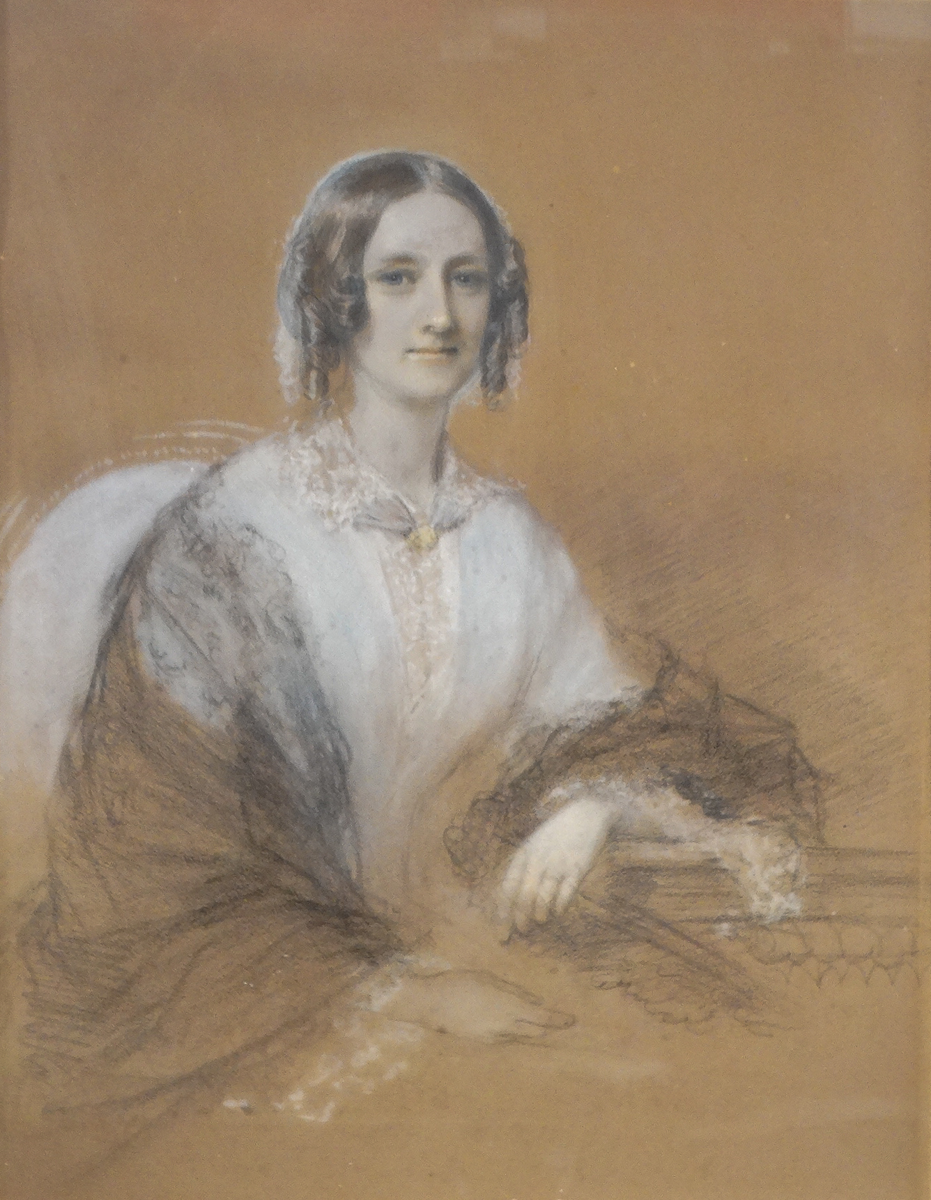 19th Century British School Portrait Of An Elegant Woman Pastel on brown paper Framed and glazed