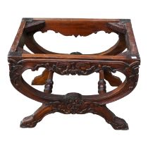 An 18th century style mahogany X-frame stool frame - carved with foliate lappets 59 x 42 x 43cm.