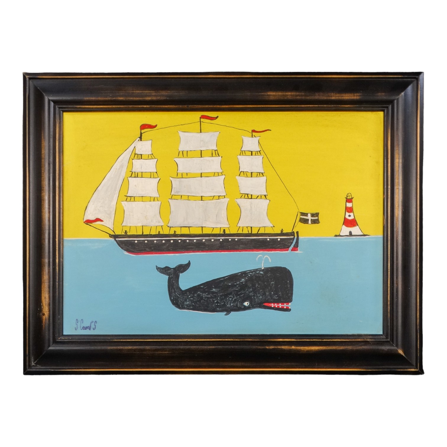 Steve CAMPS (Cornish contemporary b.1957) Whale With Schooner Under A Yellow Sky Acrylic on board - Image 2 of 3