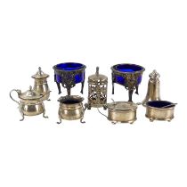 A three piece cruet set - Birmingham 1946, J Sherwood & Sons, of cauldron form raised on pad feet,