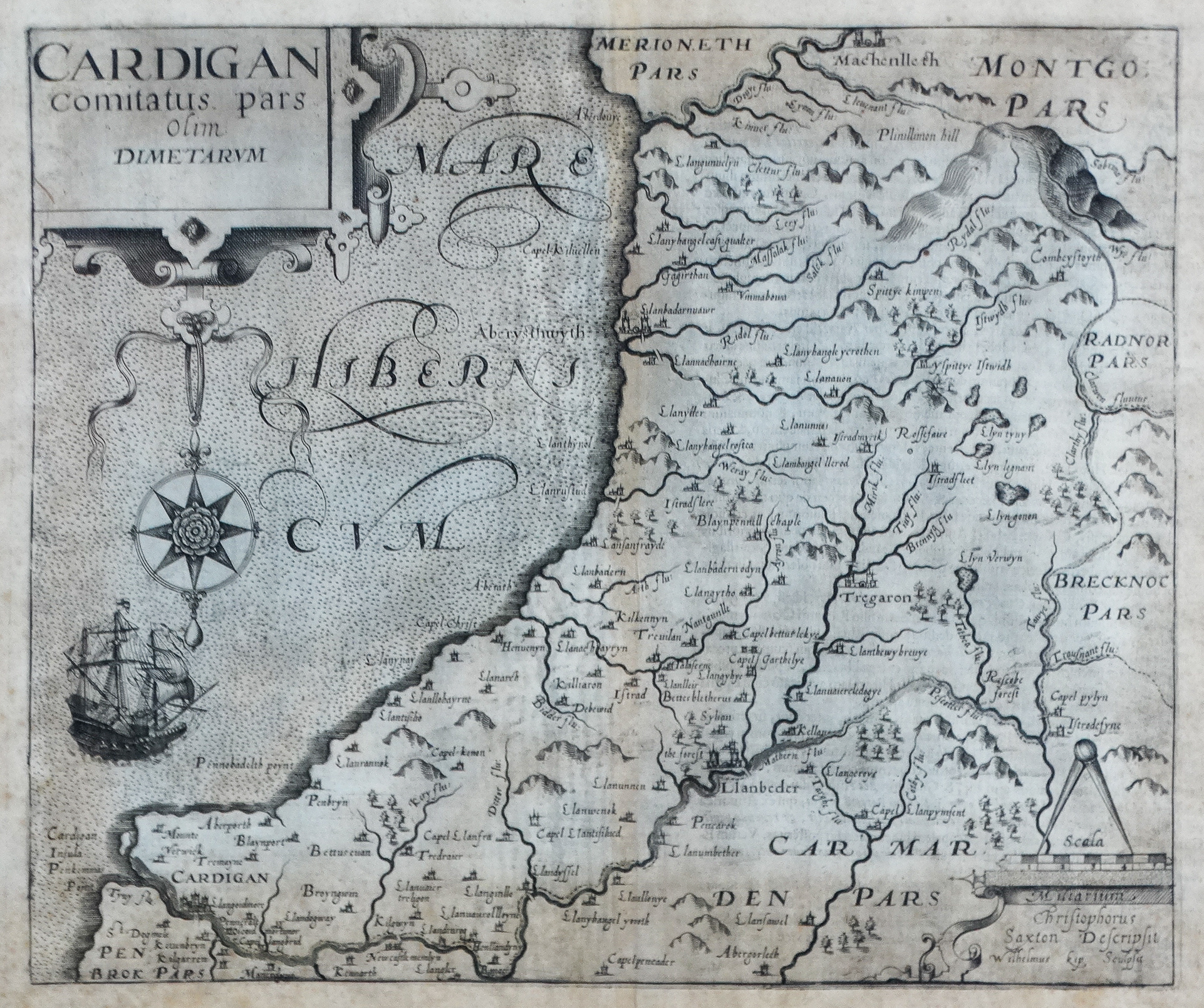 After Christopher Saxton, Map of Cardigan - a monochrome engraving, 23 x 32cm.