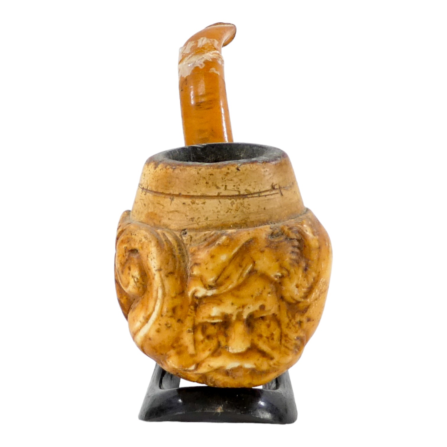 A late 19th century meerschaum pipe - the bowl modelled as the green man, with a amber stem, - Image 4 of 4