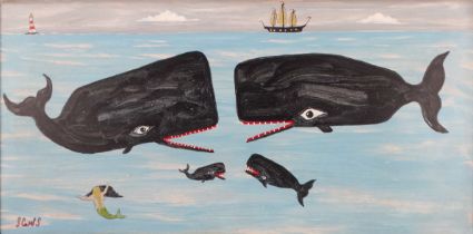 Steve CAMPS (Cornish contemporary b.1957) Whale Family And A Mermaid Acrylic on board Signed lower