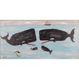 Steve CAMPS (Cornish contemporary b.1957) Whale Family And A Mermaid Acrylic on board Signed lower