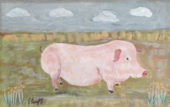Steve CAMPS (Cornish contemporary b.1957) Pig In A Landscape Acrylic on board Signed lower left,
