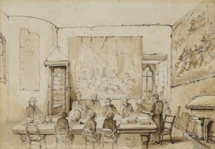 T EARL (British 19th Century) Meeting at the Chapter House Chichester Pen and wash Signed lower