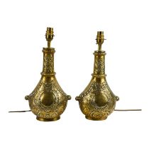 A pair of Elkington 'Art gold' vases - in the Persian manner, now converted as table lamps, height