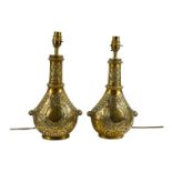 A pair of Elkington 'Art gold' vases - in the Persian manner, now converted as table lamps, height