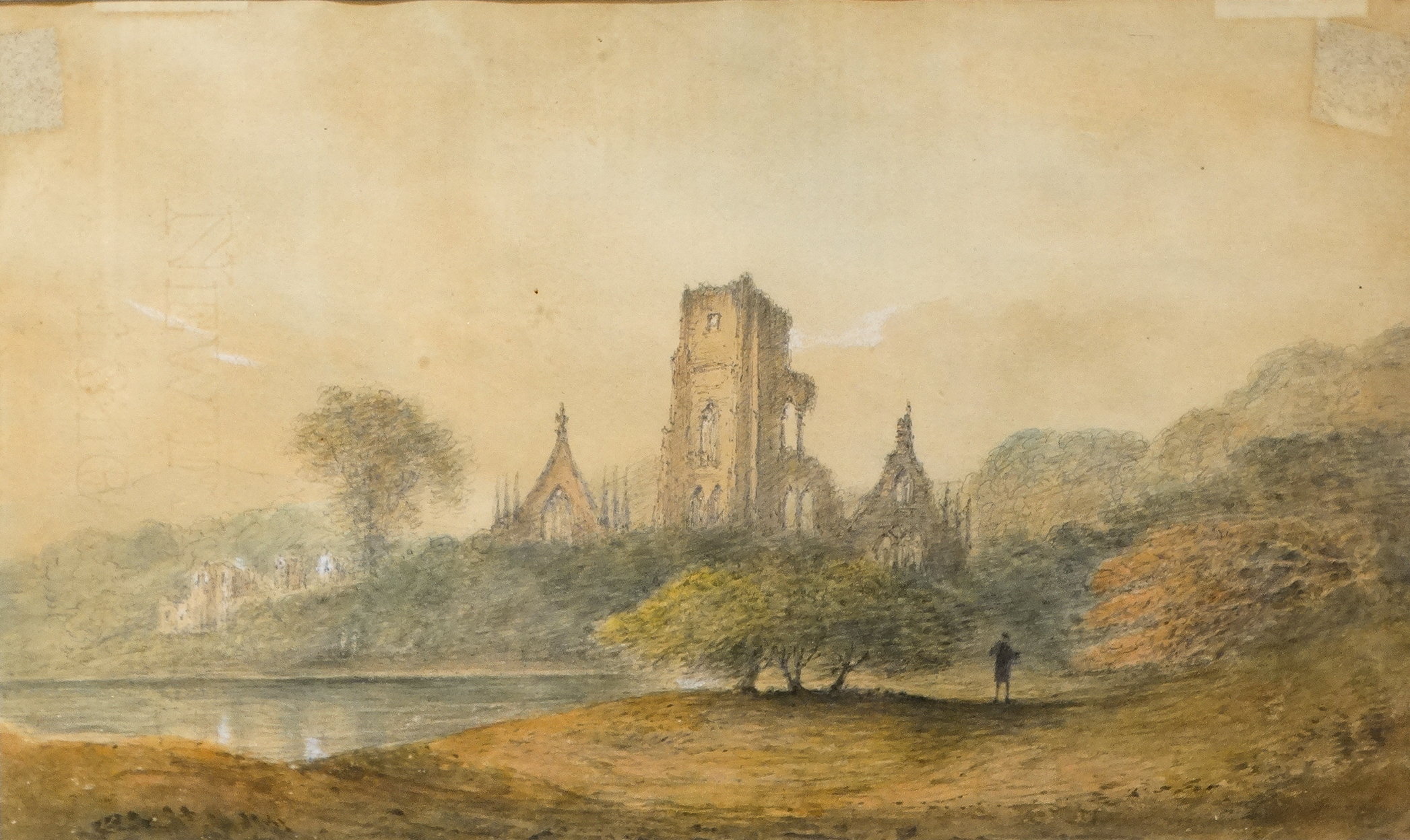 19th Century British School Figure Beside a Ruined Abbey Watercolour Framed and glazed Picture