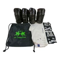 A pair of polo whites - two pairs of leather knee pads and two pairs of gloves.