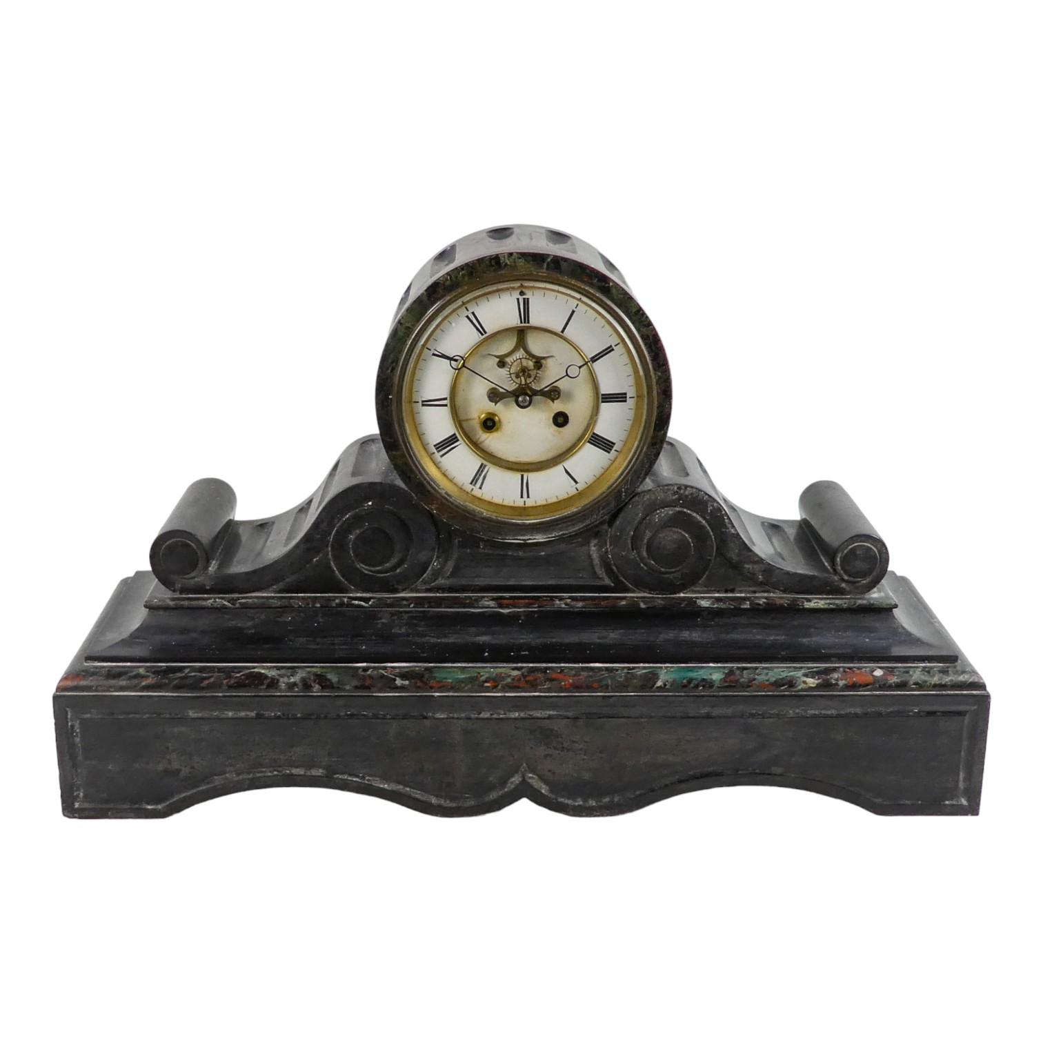 A large late 19th century slate mantel clock - with a visible escapement, the white enamel dial