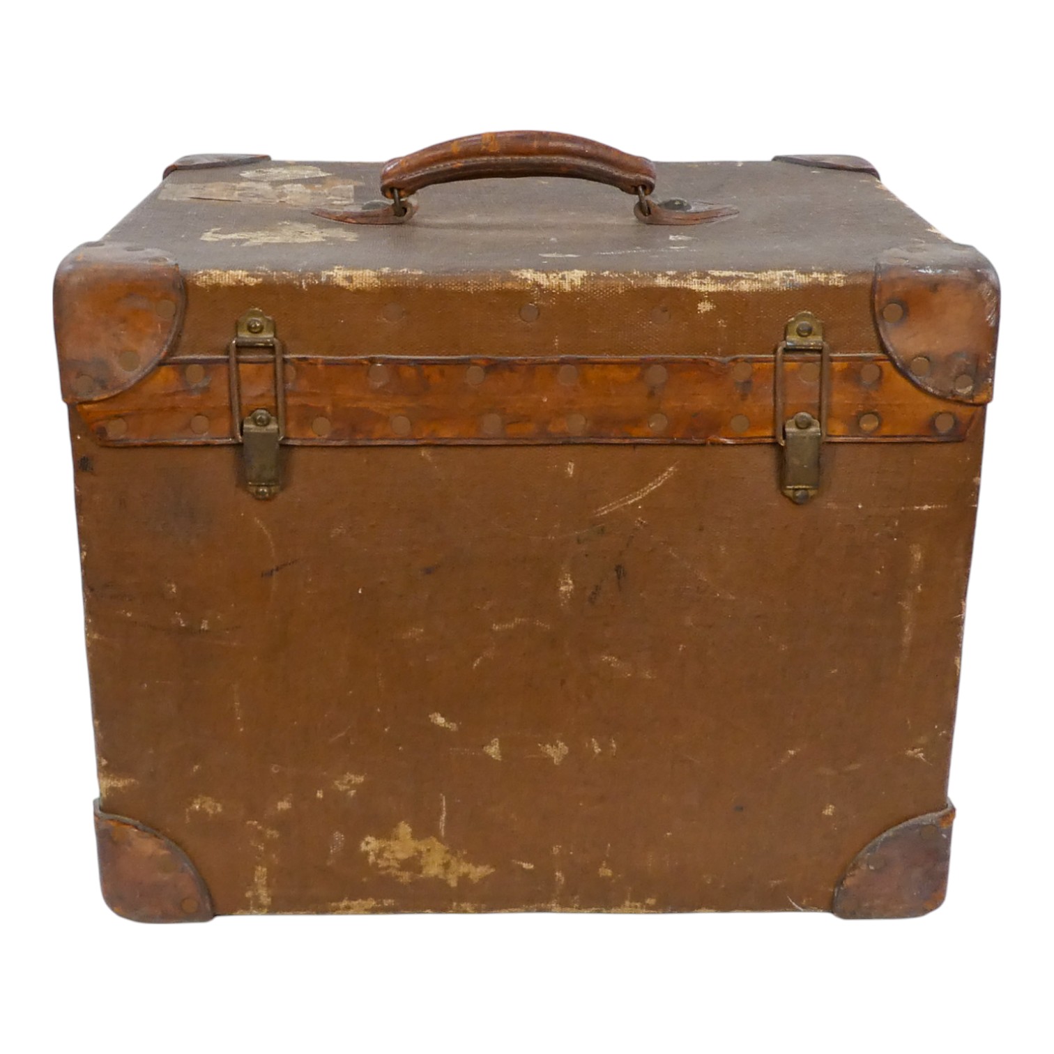 A vintage ladies travelling trunk - brown canvas with leather corners and handle, the cloth interior - Image 12 of 13