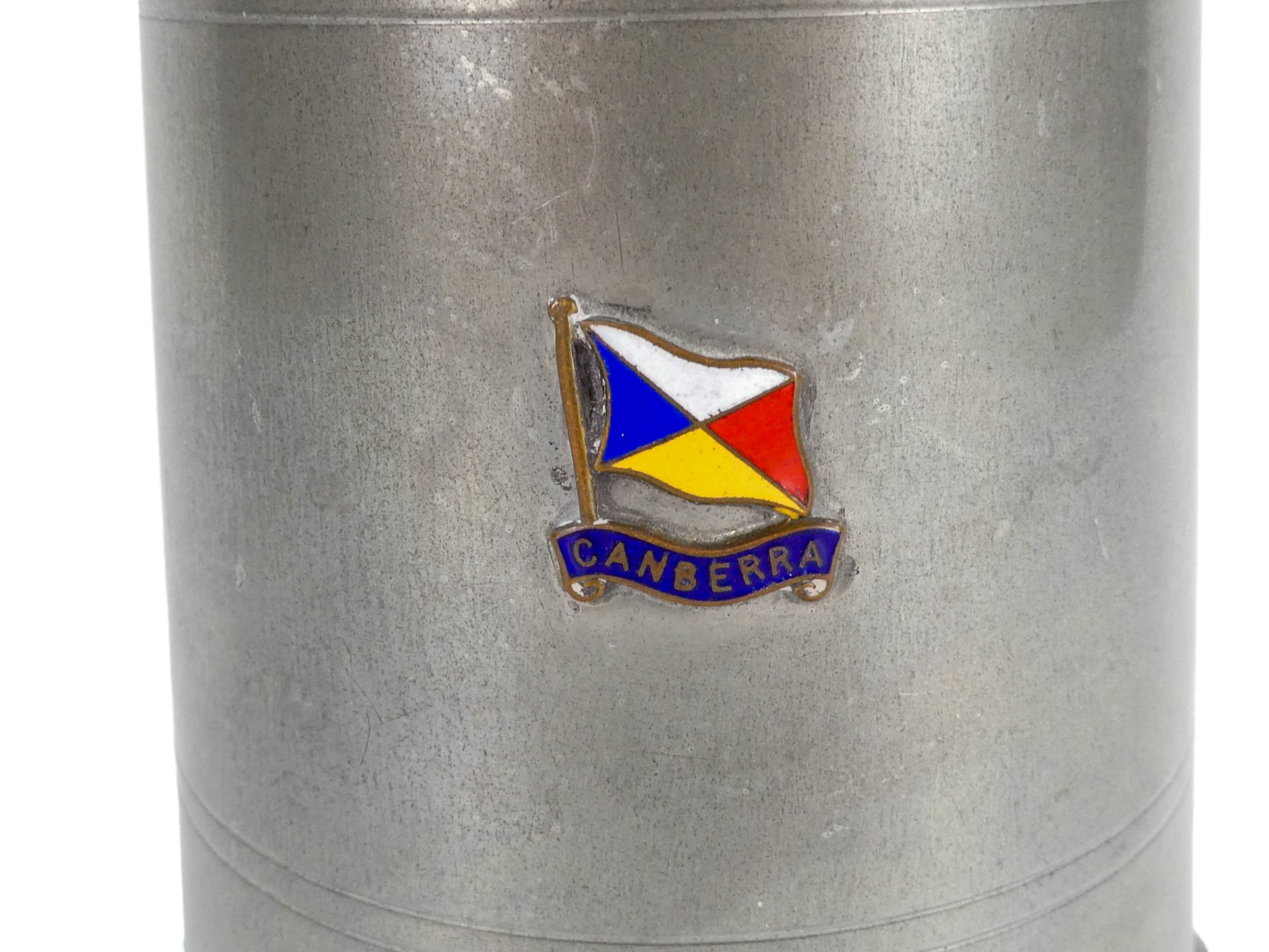 A 20th century pewter pint tankard - bearing an enamel P & O flag and emblazoned Canberra, with a - Image 2 of 5