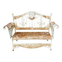 A wrought steel garden bench - with a 'woven' seat, the back featuring a cartouche of crossed palm