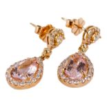 A pair of 18ct rose gold drop earrings - set with pear shaped morganite and circular brilliant cut