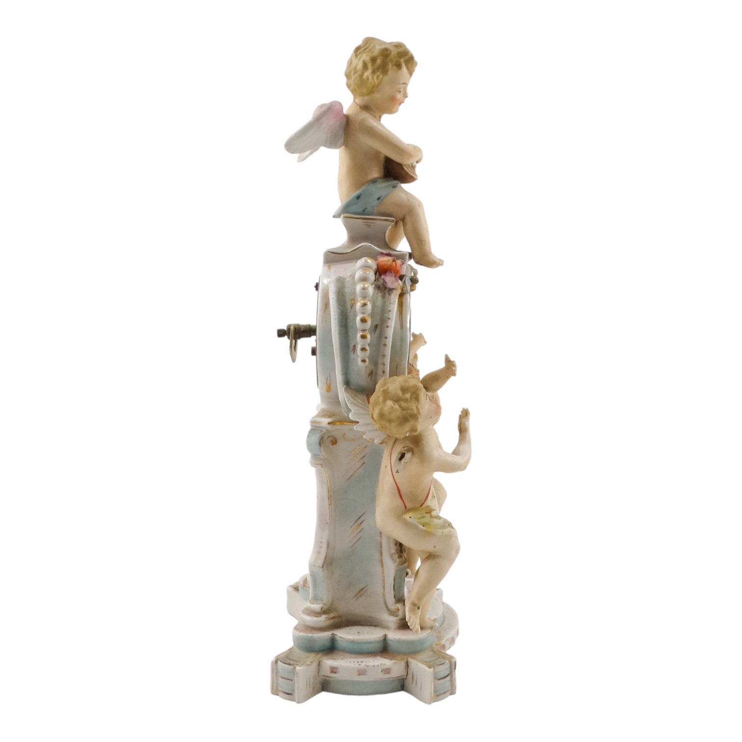 An early 20th century German porcelain mantel clock - modelled with three cherubs about a central - Image 10 of 16